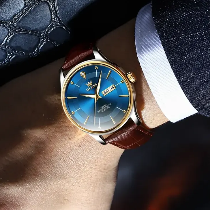 Olevs Blue Dial Classic Brown Leather Men's Watch- 9908